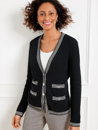 TEXTURE V-NECK CARDIGAN - TIPPED STRIPE