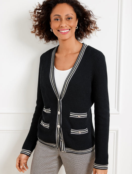 TEXTURE V-NECK CARDIGAN - TIPPED STRIPE