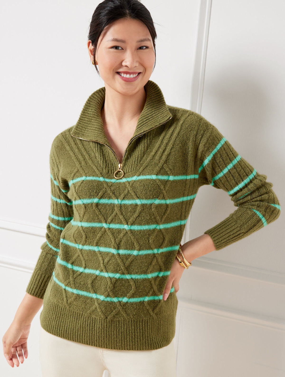 CABLE KNIT HALF-ZIP SWEATER - STRIPE