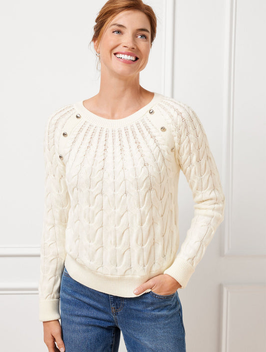 BUTTON RAGLAN CABLE KNIT SWEATER