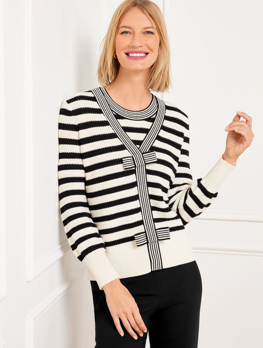 BOW FRONT TEXTURE STITCH CARDIGAN - FRENCH STRIPE