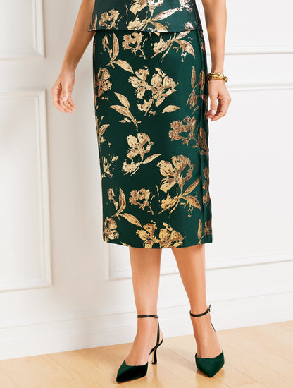 METALLIC FLORAL JACQUARD PENCIL SKIRT