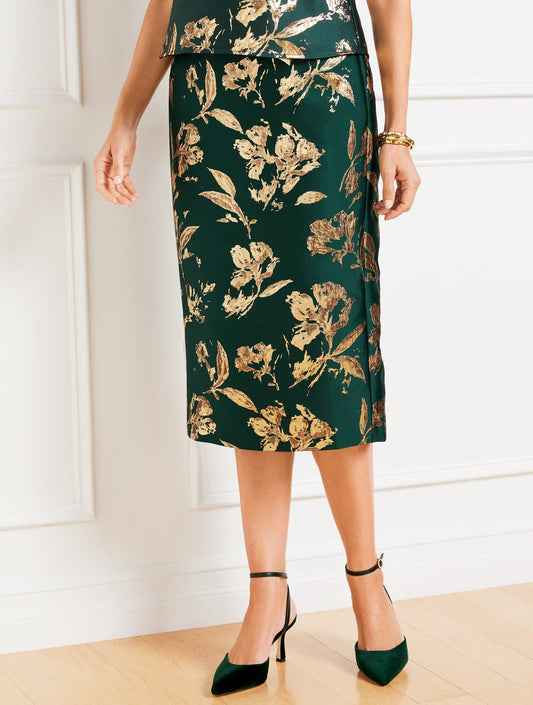 METALLIC FLORAL JACQUARD PENCIL SKIRT