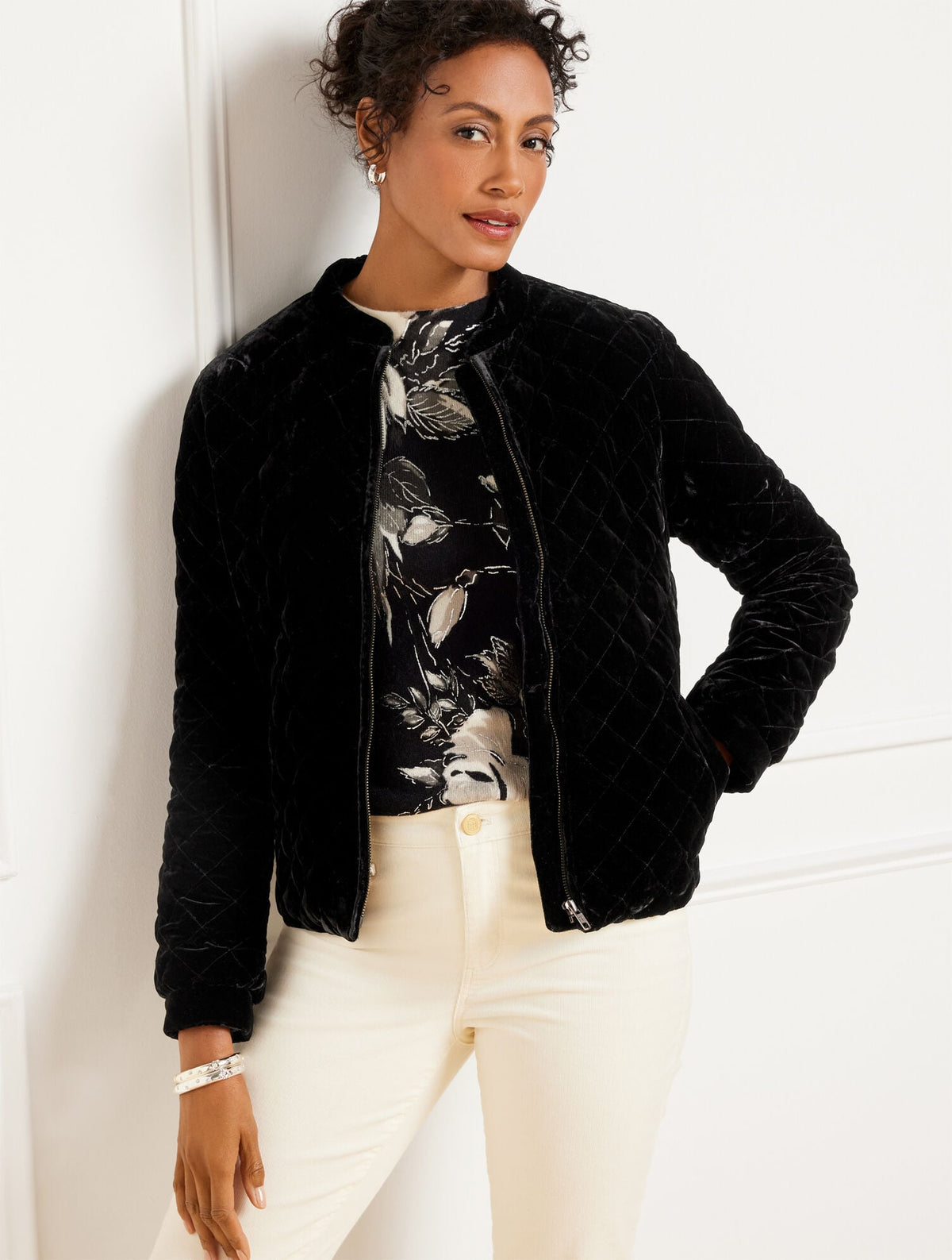 VELVET QUILTED BOMBER JACKET