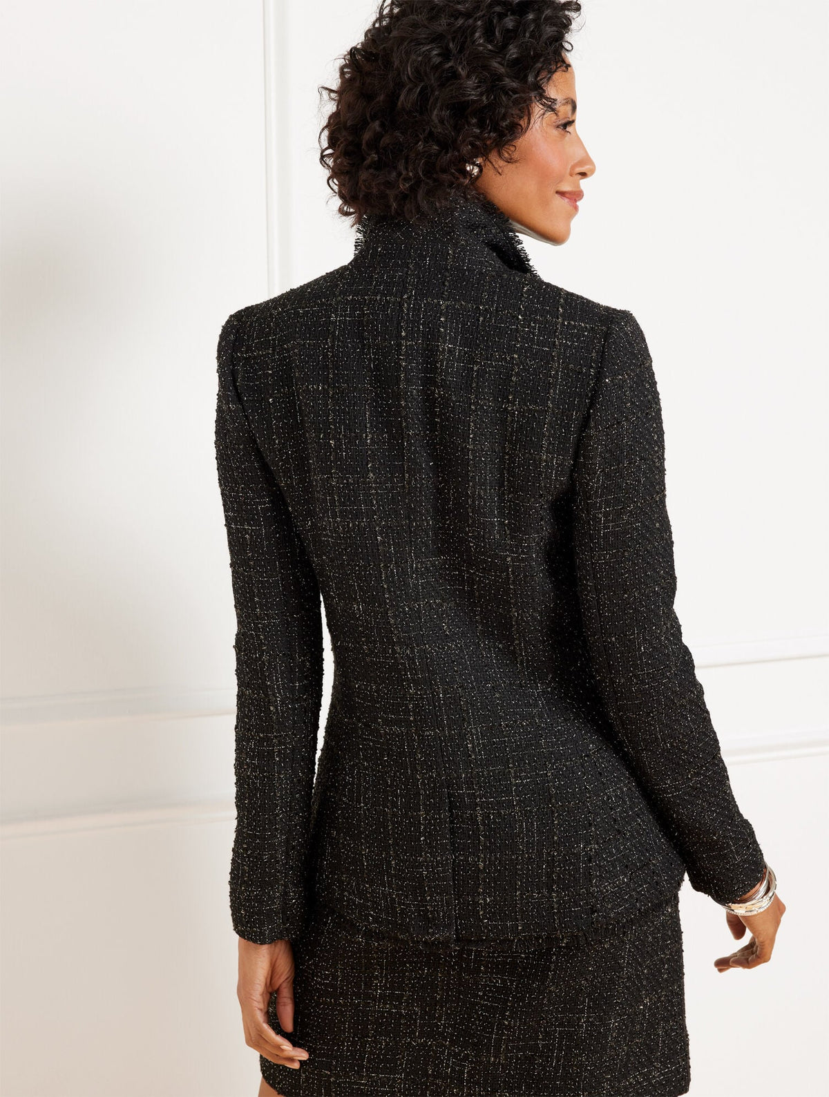 METALLIC FRINGE TWEED DOUBLE BREASTED BLAZER