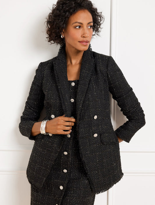 METALLIC FRINGE TWEED DOUBLE BREASTED BLAZER