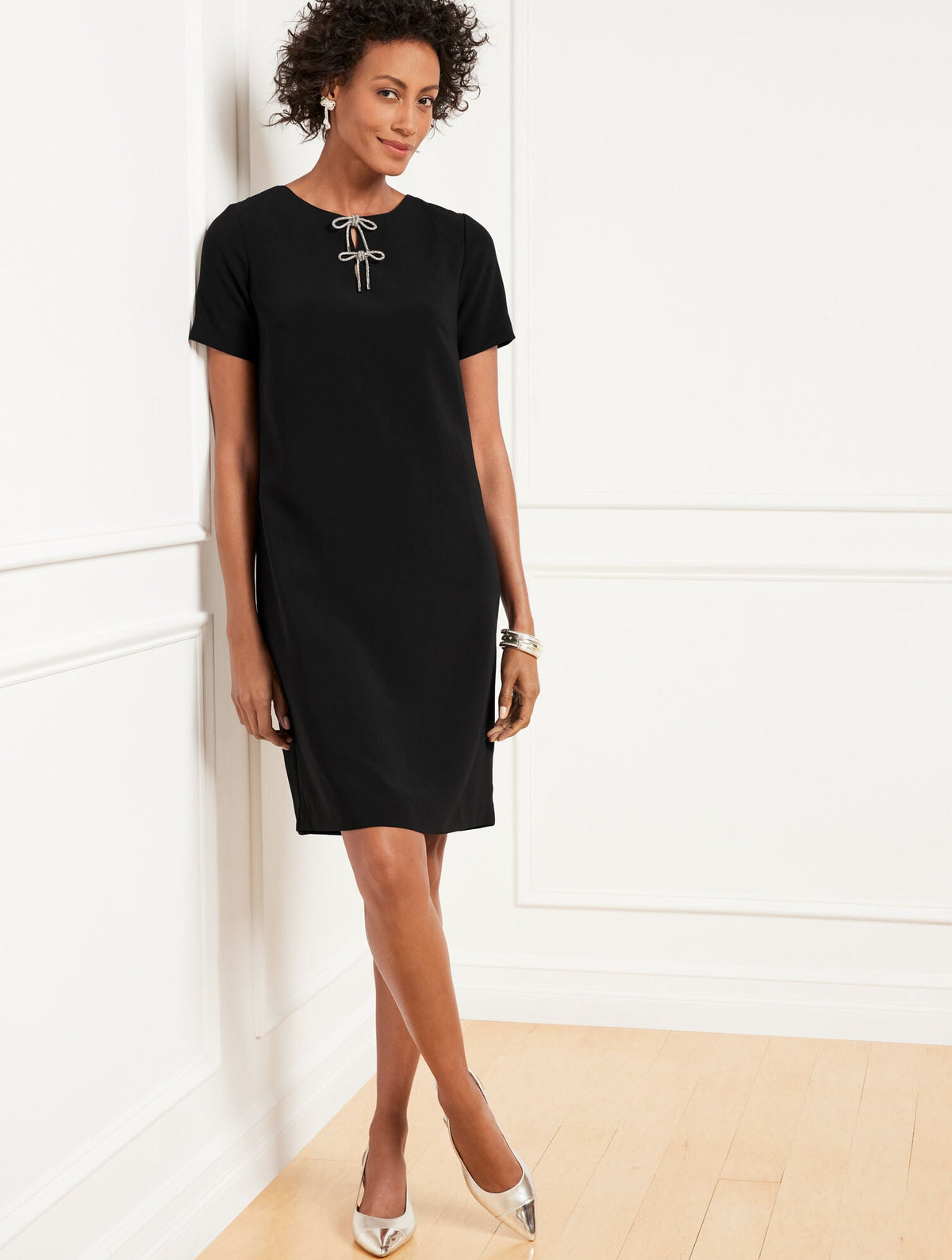 EMBELLISHED BOW CREPE A-LINE DRESS