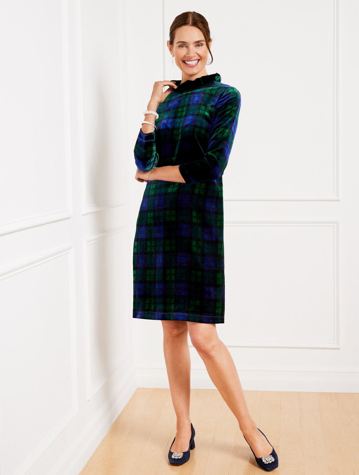 EFFORTLESS VELVET A-LINE DRESS - BLACK WATCH PLAID