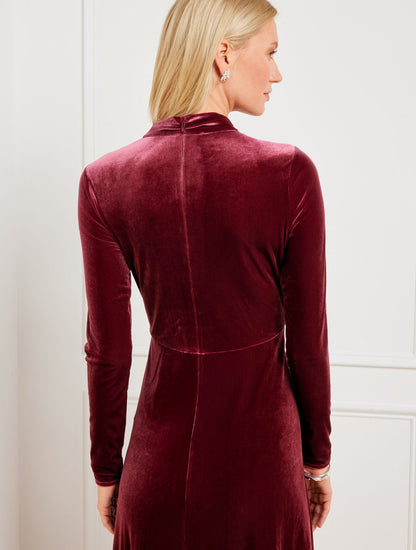 VELVET DRAPED NECK MIDI DRESS