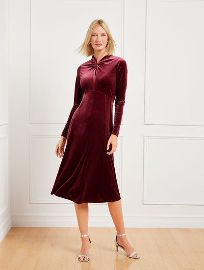 VELVET DRAPED NECK MIDI DRESS