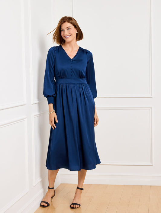 SOFT SATIN CHARMEUSE SMOCKED MIDI DRESS