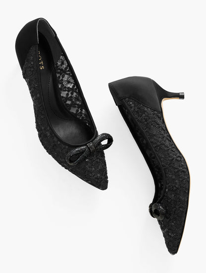 SYLVIE BOW KITTEN HEEL PUMPS - SEQUIN MESH