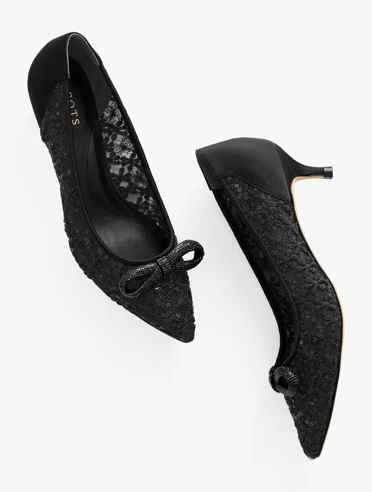 SYLVIE BOW KITTEN HEEL PUMPS - SEQUIN MESH