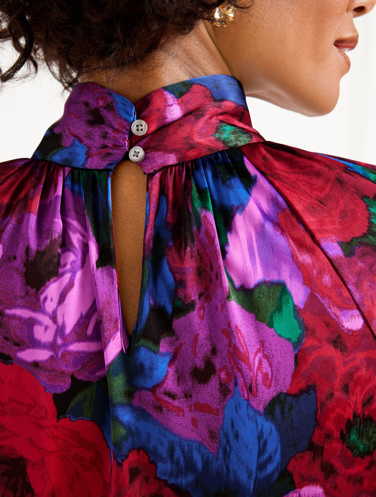 TWIST NECK SOFT SATIN CHARMEUSE TOP - WRAPPED FLORAL