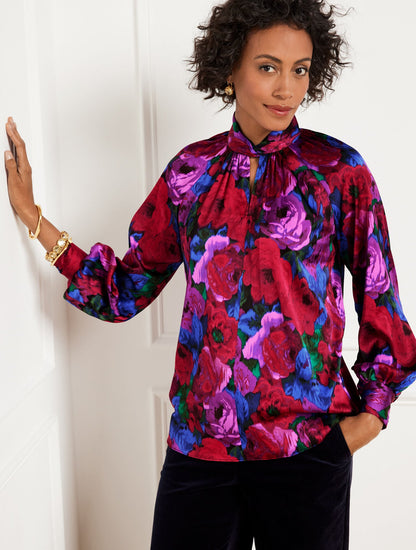 TWIST NECK SOFT SATIN CHARMEUSE TOP - WRAPPED FLORAL