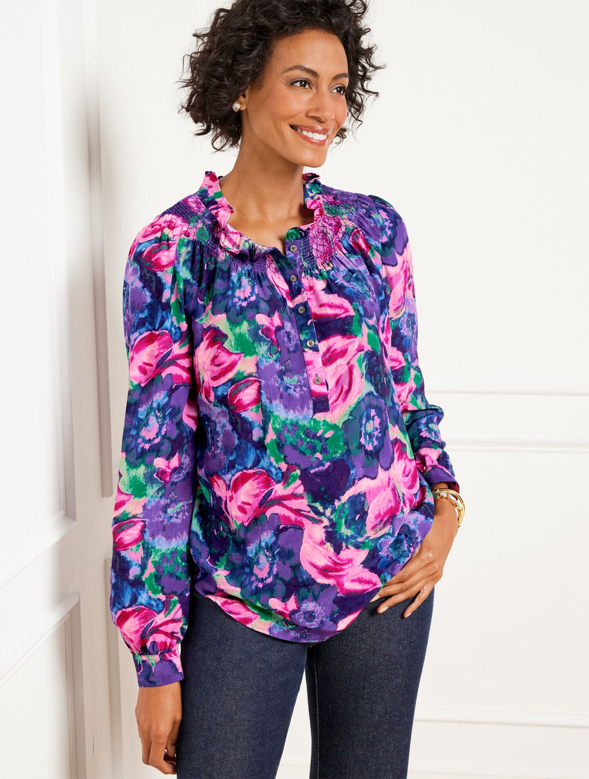SMOCKED RUFFLE NECK TOP - DELICATE FLORAL