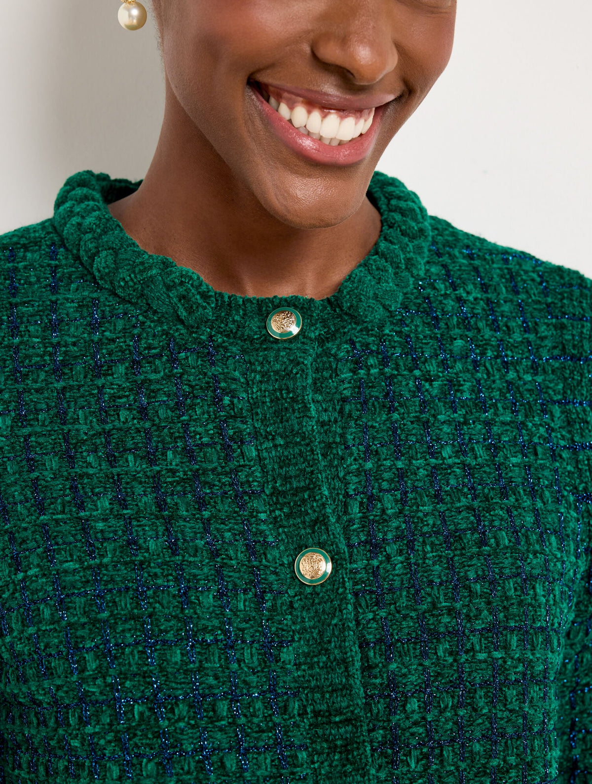 CHENILLE CREWNECK CARDIGAN - METALLIC PLAID