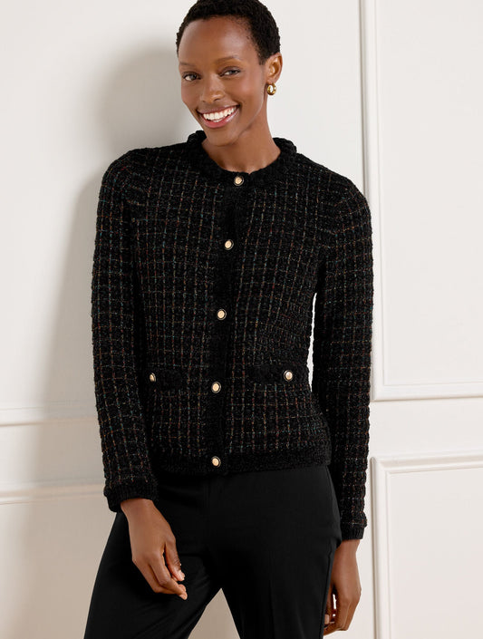 CHENILLE CREWNECK CARDIGAN - METALLIC PLAID