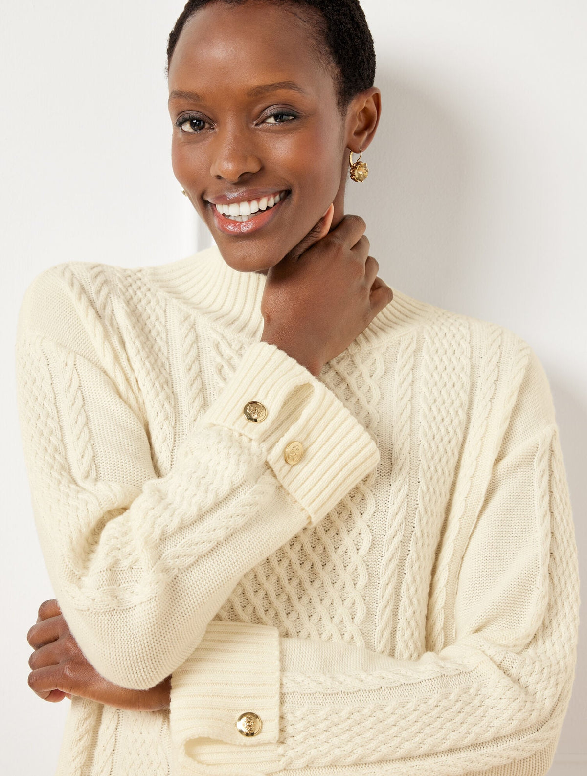 CABLE KNIT BUTTON CUFF SWEATER