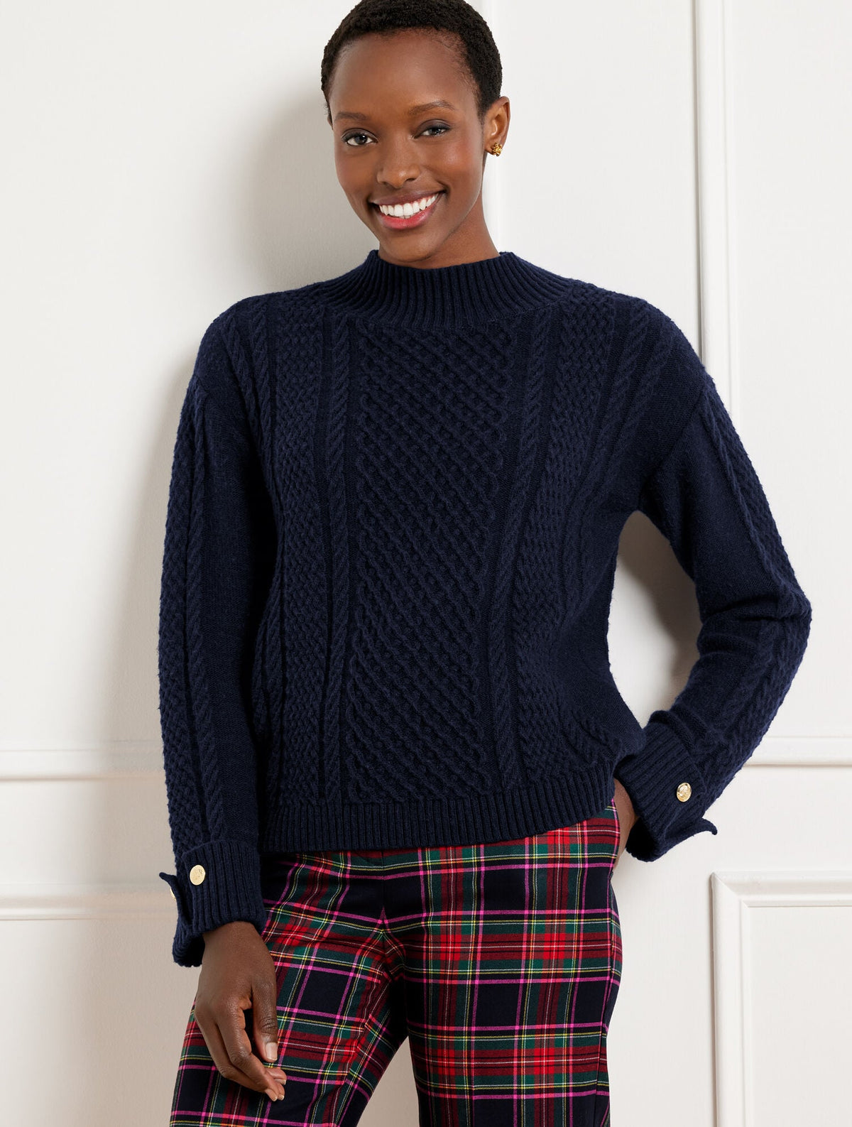 CABLE KNIT BUTTON CUFF SWEATER