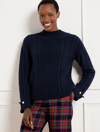 CABLE KNIT BUTTON CUFF SWEATER