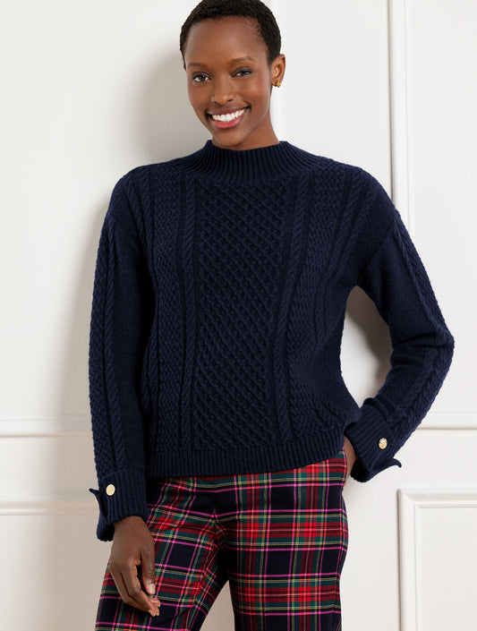 CABLE KNIT BUTTON CUFF SWEATER