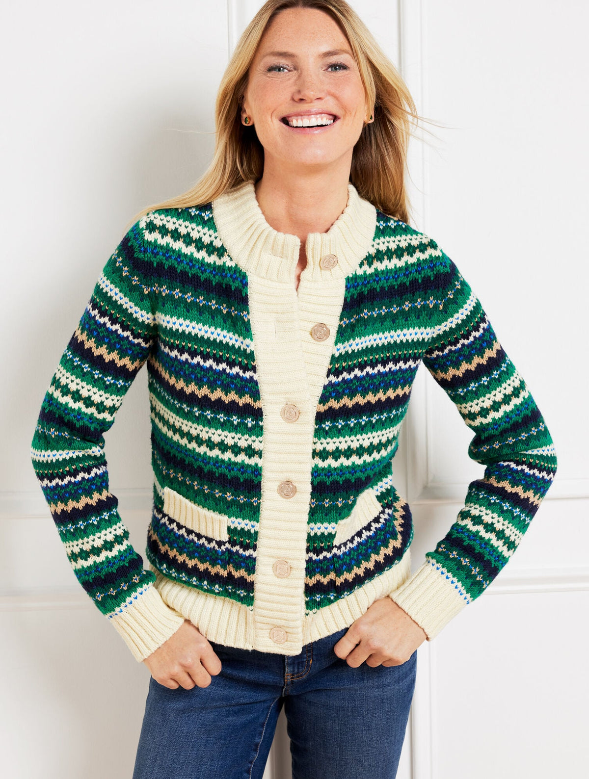 METALLIC MOCKNECK SWEATER JACKET - CADET FAIR ISLE