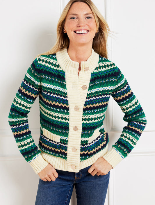 METALLIC MOCKNECK SWEATER JACKET - CADET FAIR ISLE