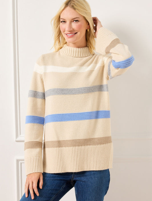 FUNNEL NECK MULTI STRIPE SWEATER