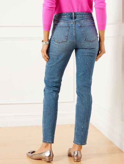 CRYSTAL EMBELLISHED SLIM ANKLE JEANS - HARLOW WASH
