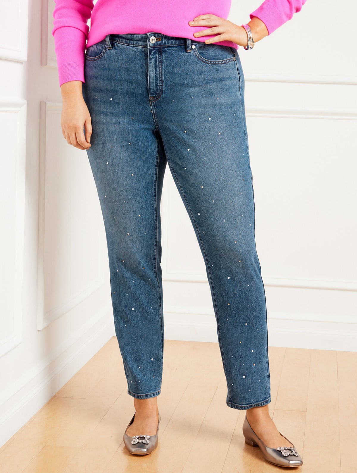 CRYSTAL EMBELLISHED SLIM ANKLE JEANS - HARLOW WASH