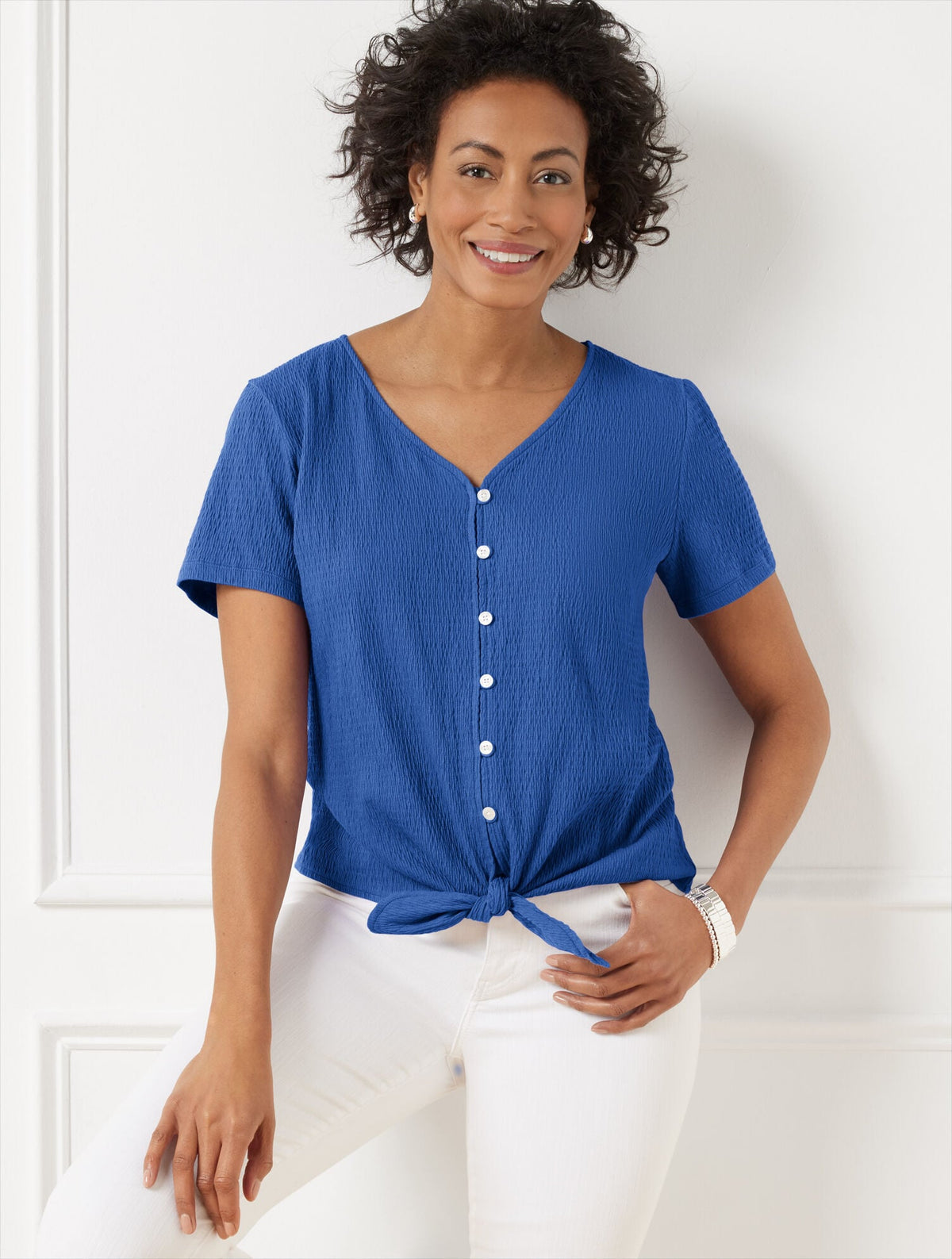 TEXTURED TIE FRONT TOP