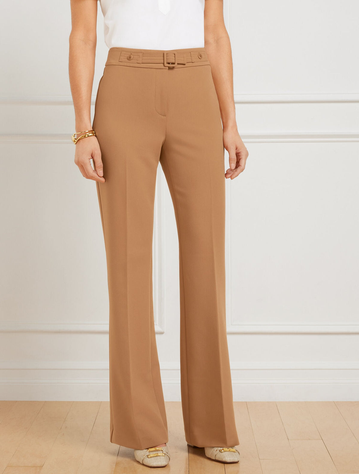 FLARE LEG BELTED TWILL PANTS