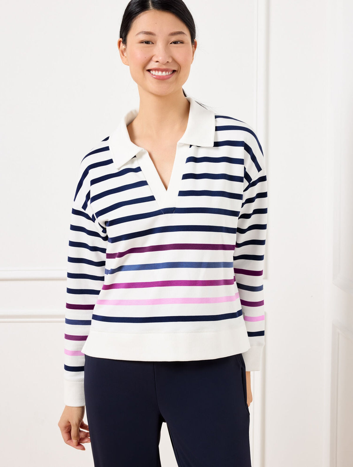 MODAL FRENCH TERRY JOHNNY COLLAR PULLOVER - SPROUTS STRIPE