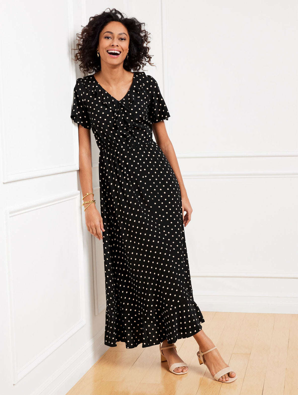 RUFFLE NECK FIT & FLARE DRESS - DAISY DOT
