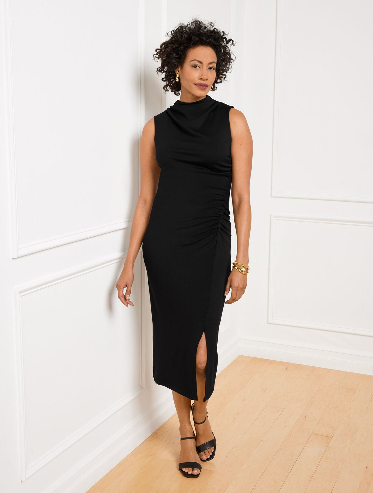 GATHERED COWL-NECK PONTE MIDI DRESS