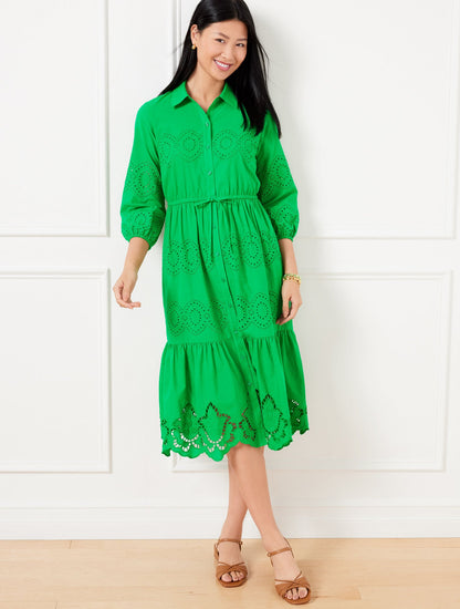 EYELET PUFF SLEEVE POPLIN SHIRTDRESS