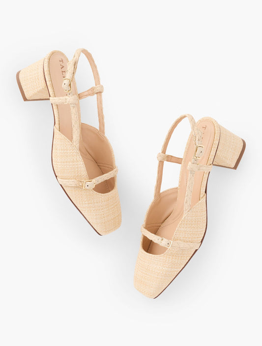 CARLYE BUCKLE BLOCK HEEL RAFFIA PUMPS