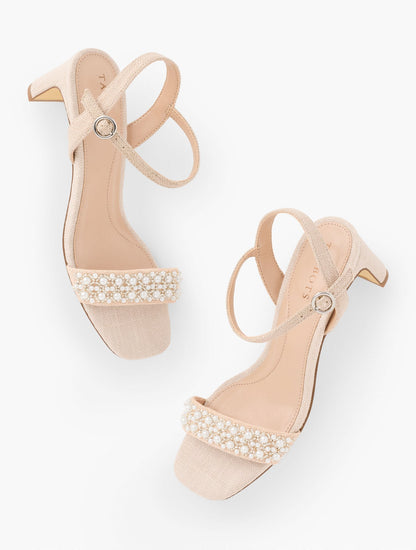 CAYDEN PEARL BLOCK HEEL LINEN SANDALS