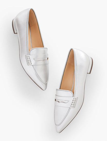 SCARLET POINTED TOE METALLIC LEATHER LOAFERS