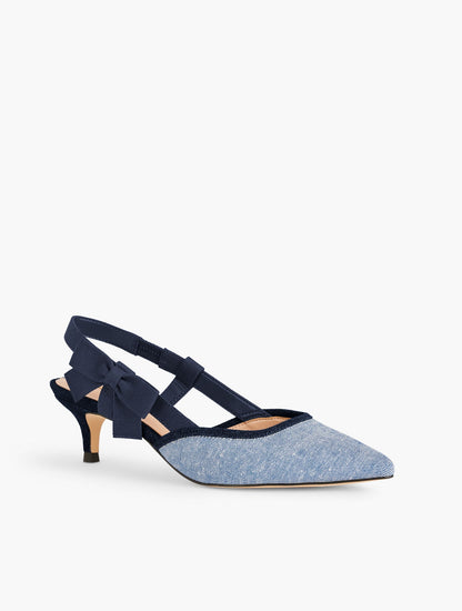 SYLVIE BOW SLINGBACK CHAMBRAY PUMPS