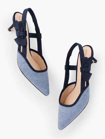 SYLVIE BOW SLINGBACK CHAMBRAY PUMPS