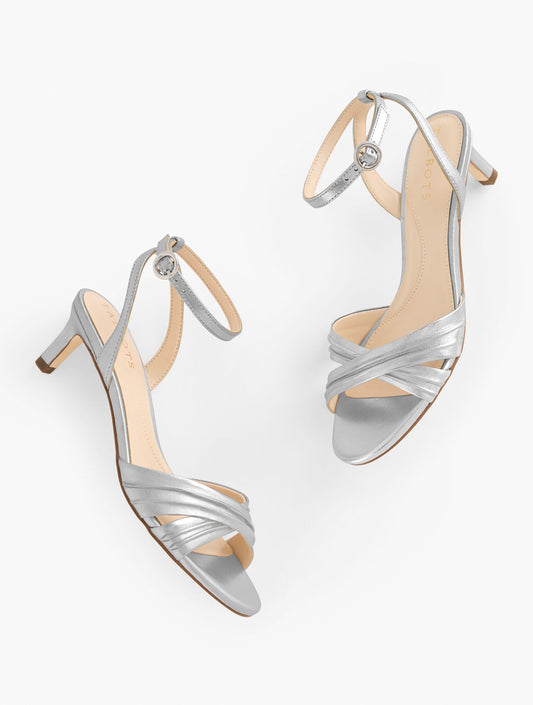 TALLIA PLEATED METALLIC NAPPA ANKLE STRAP HEEL SANDALS