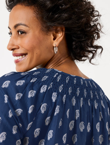 SMOCKED NECK TOP - SERENE PAISLEY
