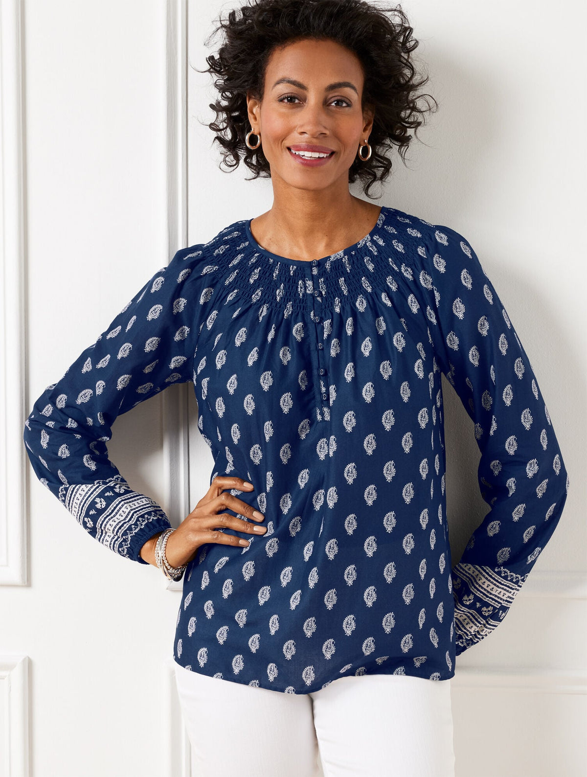 SMOCKED NECK TOP - SERENE PAISLEY