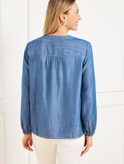 DENIM SMOCKED SHORT POPOVER