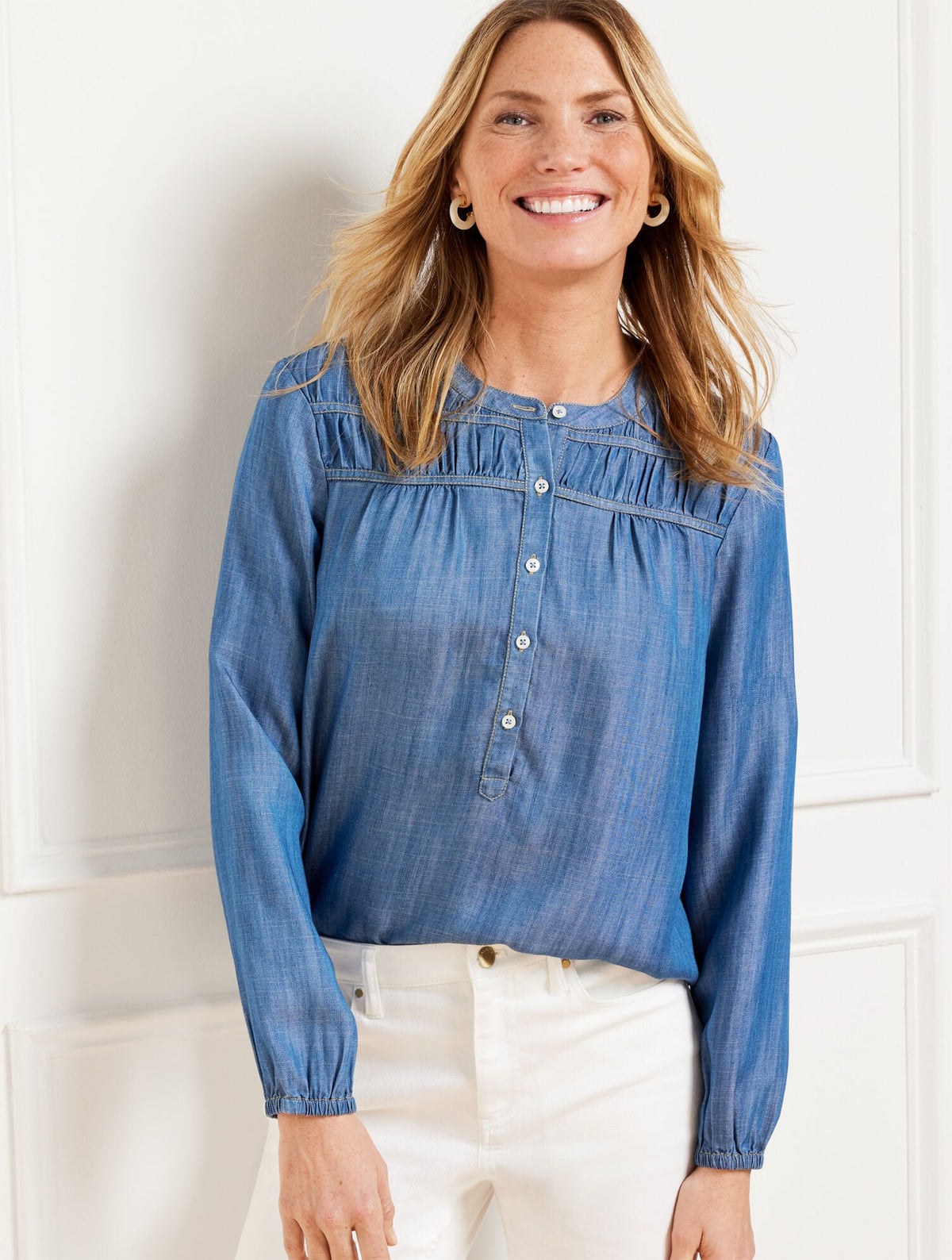 DENIM SMOCKED SHORT POPOVER