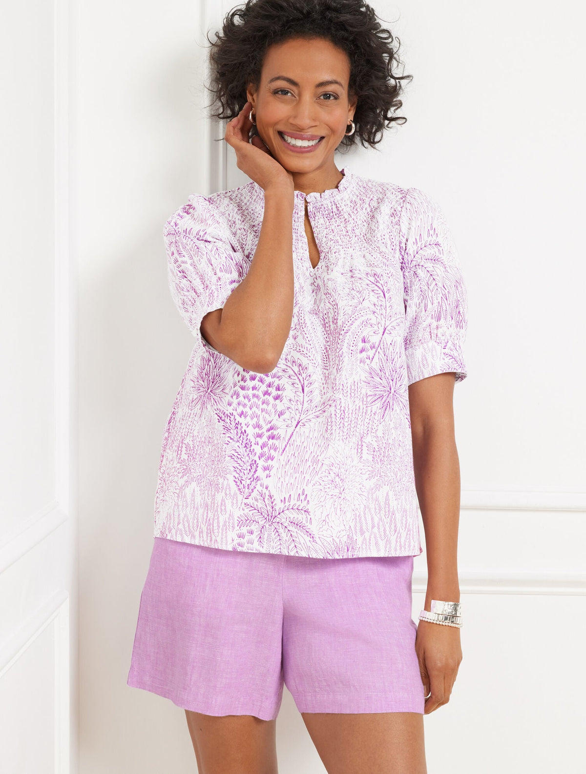 LINEN BLEND SMOCKED TOP - BLISSFUL MEADOW
