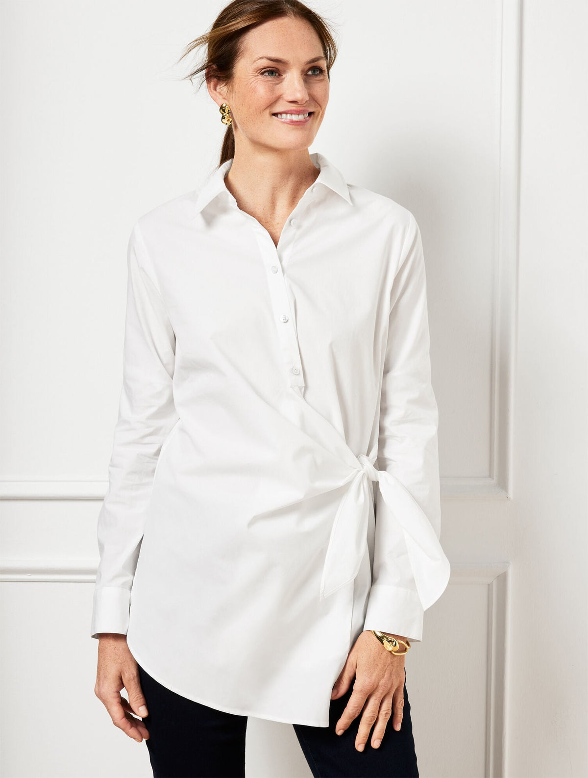 TIE FRONT DRAPED POPLIN SHIRT