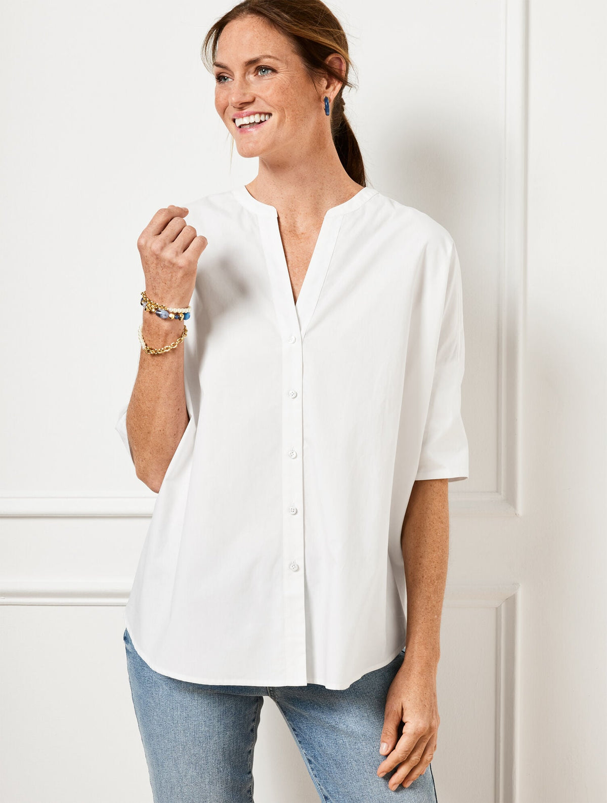 BAND COLLAR BUTTON FRONT POPLIN SHIRT